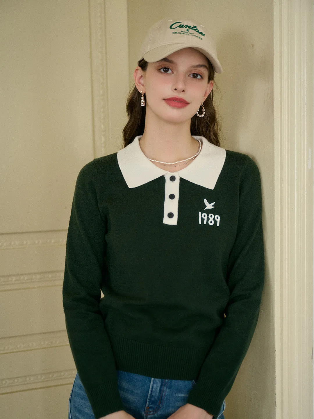 Katie Classic Contrast Lapel Bird Embroidered Sweater